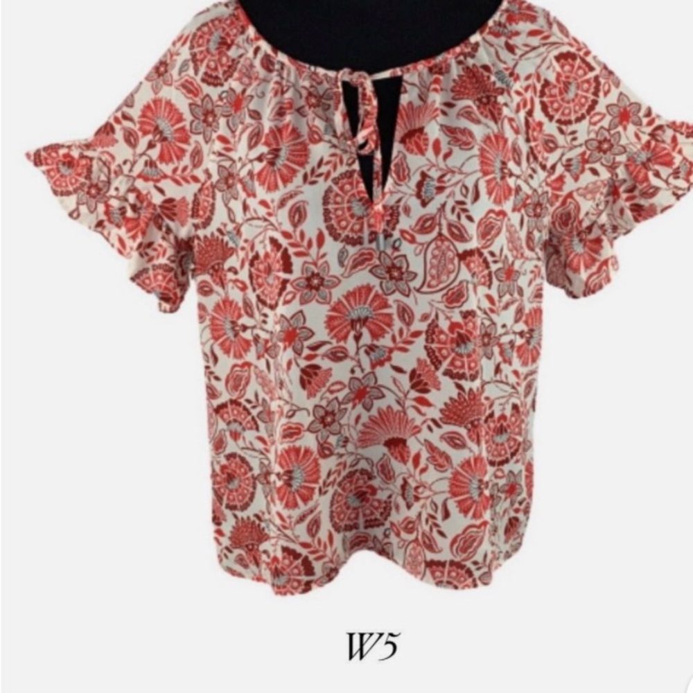 NWOT W5 Ivory Beige Red Floral Boho Blouse Tie V Neck Ruffle Short Sleeve Small
